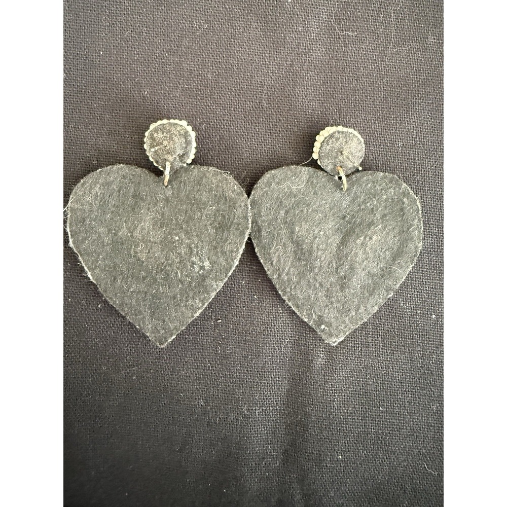 Antique Handcrafted Beaded Heart Dangle Earrings Pink Gold White Fabric Post - Picture 2 of 5